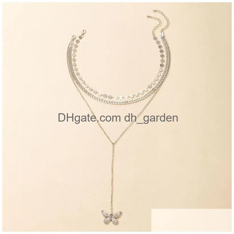 Pendant Necklaces Pretty Butterfly Pendant Necklace Charms Leaf Wafer Long Clavicle Chain Sier Color Alloy Metal Jewelry For Dhgarden Dhki6
