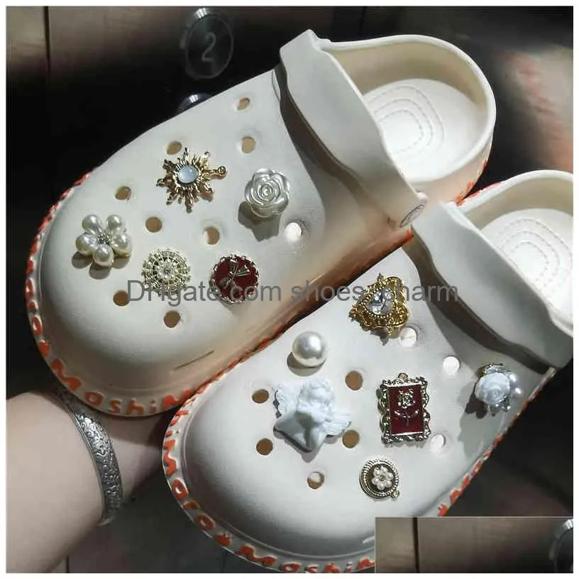 vintage little angel croc charms shoes pearl gemstone shoe buckle rose flower rhinestone decoration