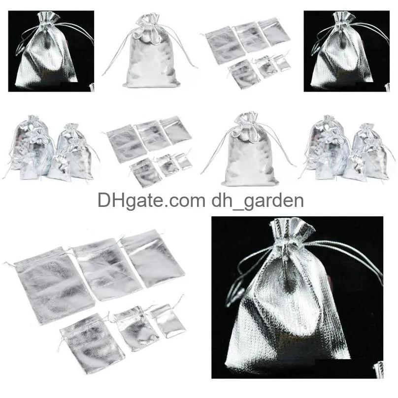 Jewelry Pouches, Bags 100 Pcs/Lot Sier Plated Stain Fashion Jewelry Pouch Bags 4 Sizes Dstring Organza Gift Candy Diy Drop D Dhgarden Dhdtb