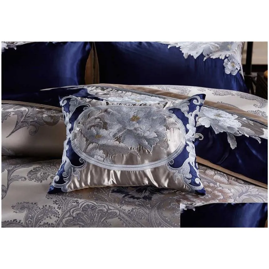 Blue Silver Silk Cotton Satin Jacquard Luxury Chinese Bedding Set Queen King size Bedding Set Bed Sheet/Spread Set Duvet Cover H0913