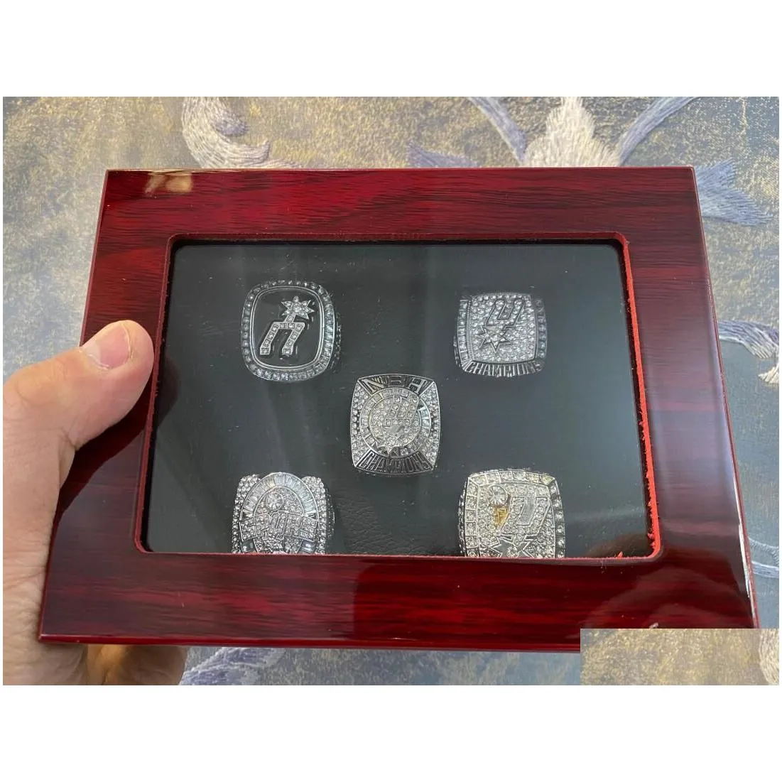 5pcs basketball team champions championship ring set with wooden box souvenir men women boy fan brithday gift 2023 hip hop jewelry