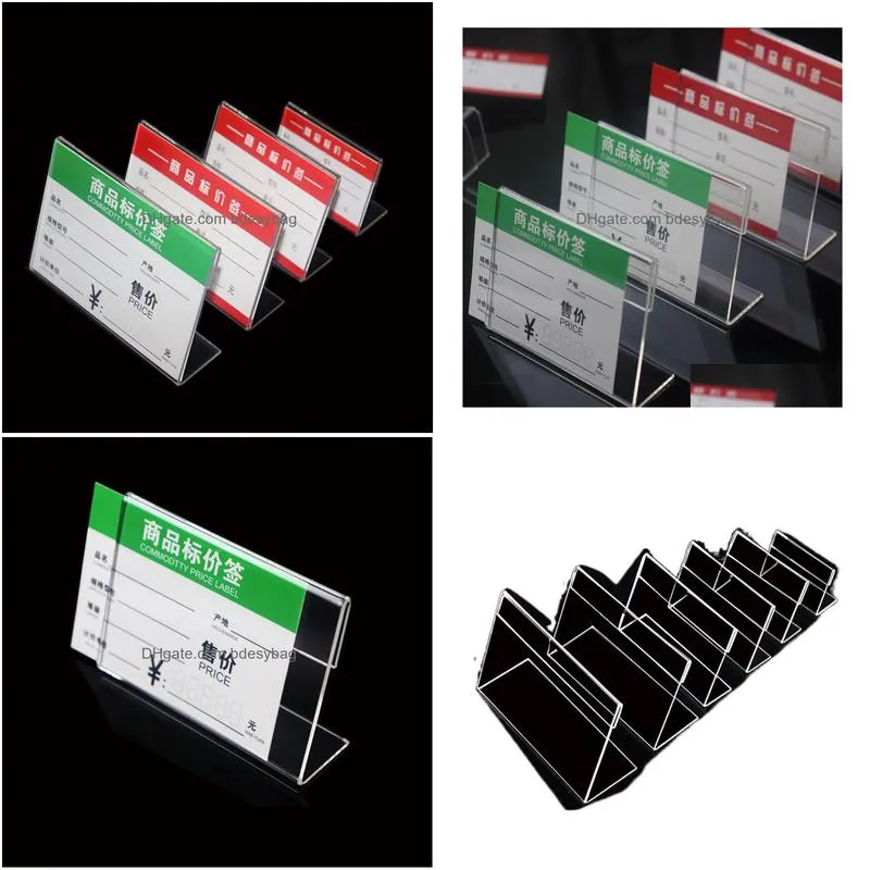 10 pcs acrylic clear plastic desk sign label stand l shape table card price tag holders frame tag paper display