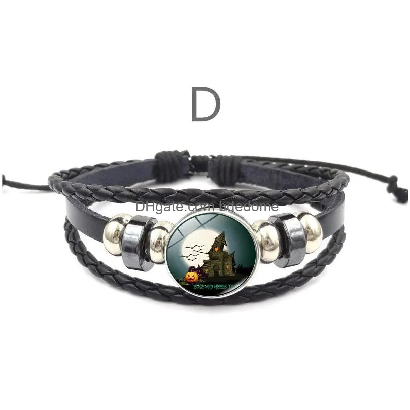 12 Style Halloween Pumpkin Pattern Charm Bracelet Time Gem Cabochon Leather Chain Bracelets Retro Hand-Woven Beaded Adjustable Hand Dr Dh1Is