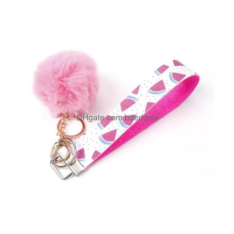 25 Styles Pu Leather Keychain Pompom Keychains Fruit Animal Print Keyring With Imitation Rabbit Hair Key Chain For Womens Bags Decorat Dhj5S