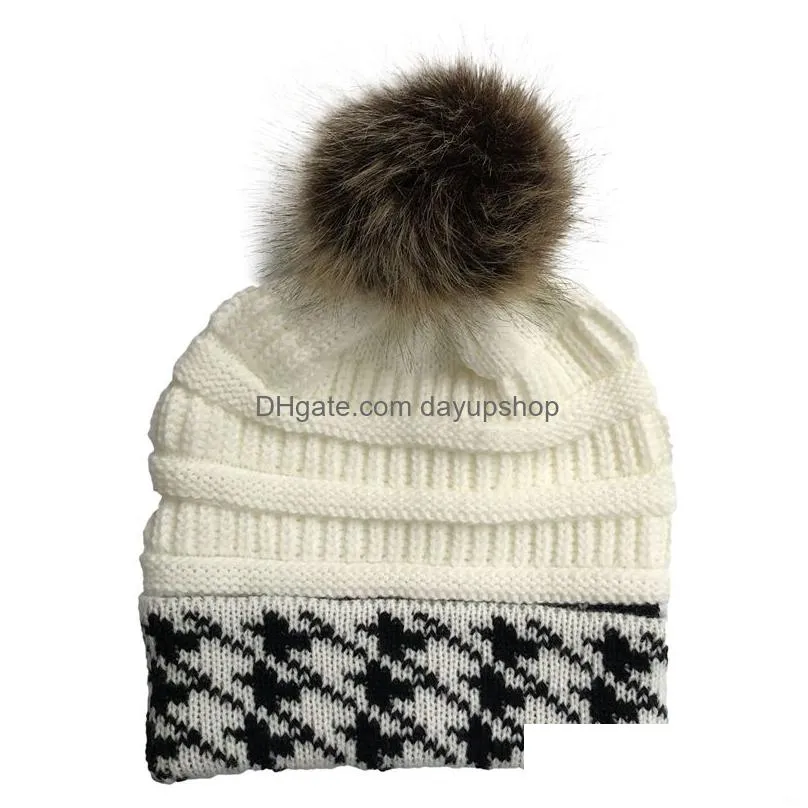 7 Colors Fashion Pattern Color Block Hairball Knitted Hat Warm Wool Elastic Plover Outdoor Winter For Drop Delivery Dhlxl