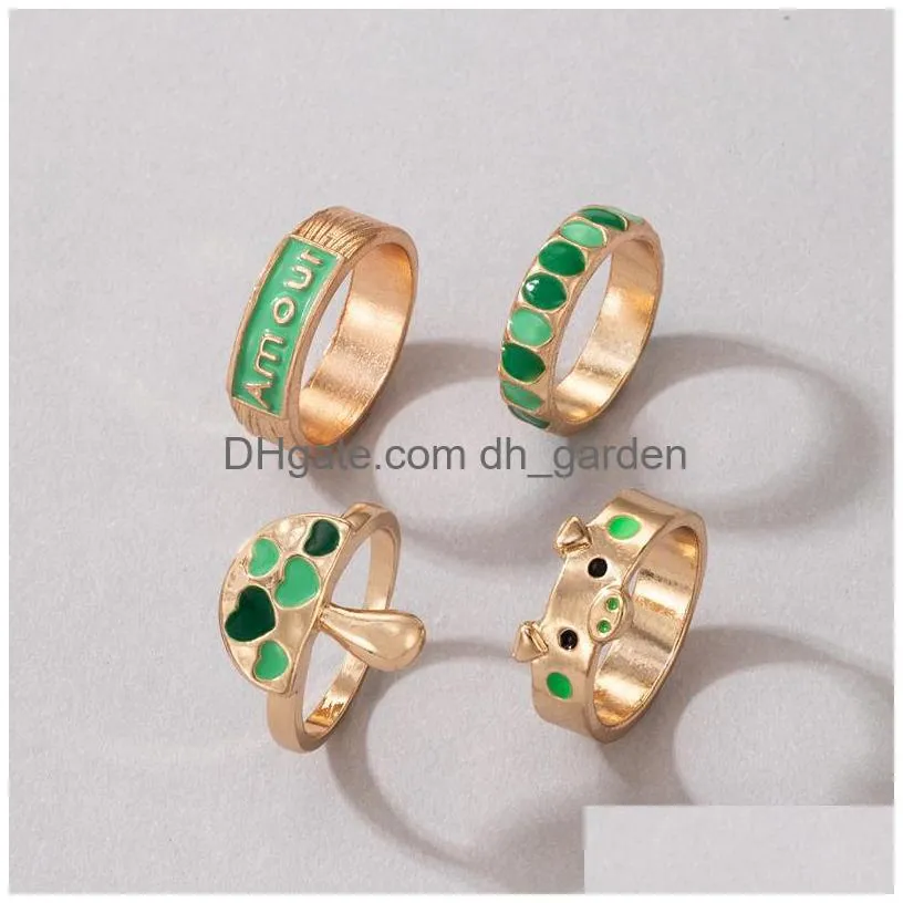 Cluster Rings Ins Fashion Amour Mushroom Pig Cute Ring Sets For Women Girls Heart Alloy Metal Party Jewelry 4Pcs/Sets Drop D Dhgarden Dhvqg