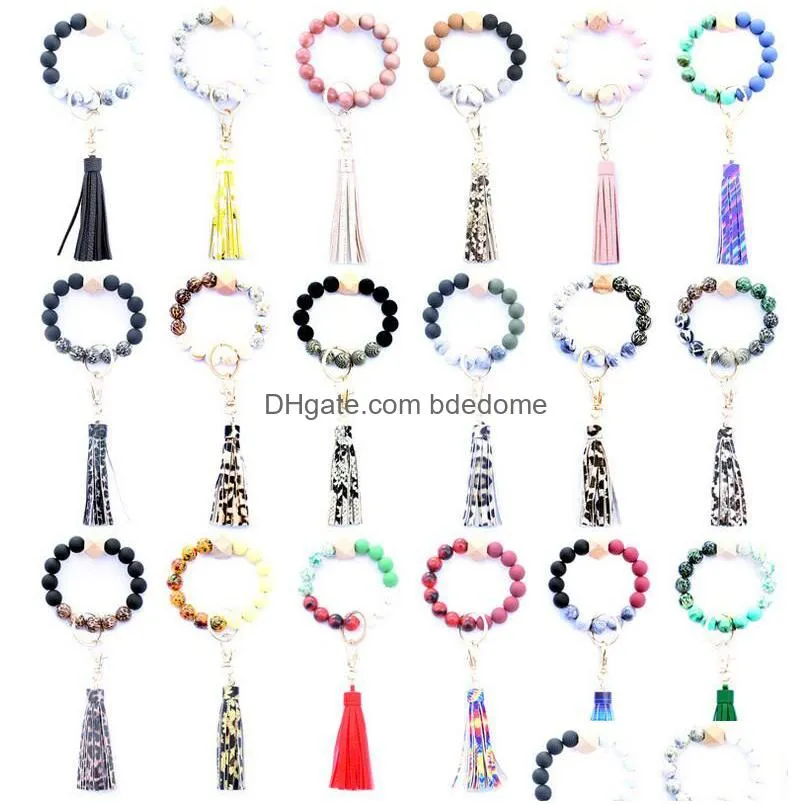 36 Colors Food Grade Acrylic Beads Tassels Bracelet Keychain Wooden Bead Bracelets Key Ring Pu Tassel Anti-Lose Keyring Drop Delivery Dhl2M