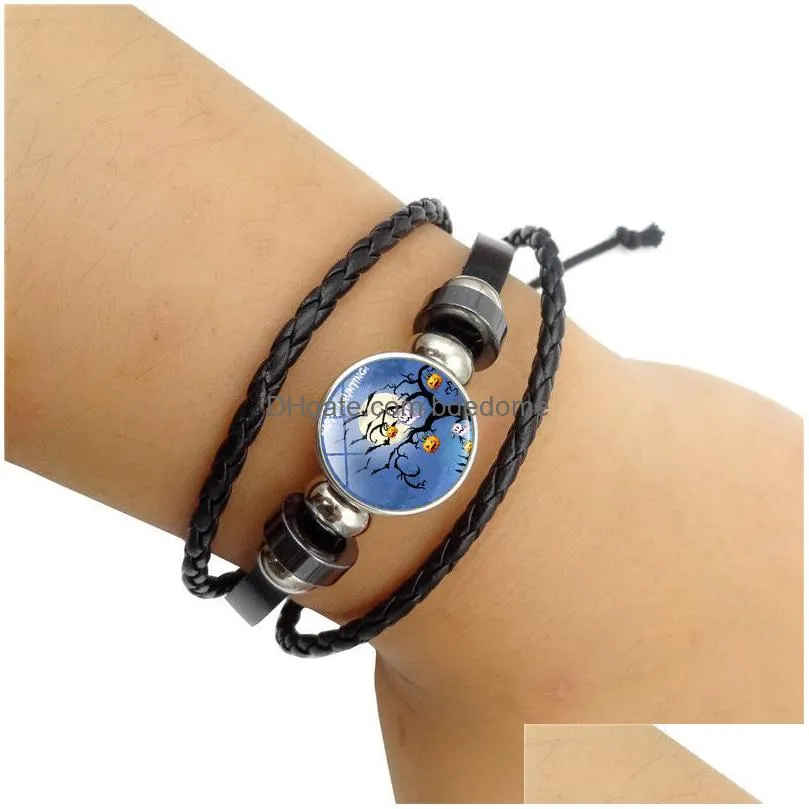 12 Style Halloween Pumpkin Pattern Charm Bracelet Time Gem Cabochon Leather Chain Bracelets Retro Hand-Woven Beaded Adjustable Hand Dr Dh1Is