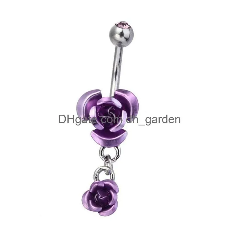 Navel & Bell Button Rings Stainless Steel Belly Button Rings Crystal Rose Flower Body Piercing Bar Jewlery For Women Bikini Dhgarden Dhme9