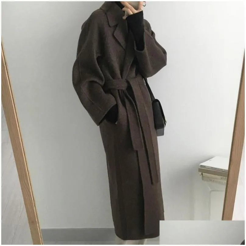 women elegant long wool coat with belt solid color sleeve chic outerwear autumn winter ladies overcoat