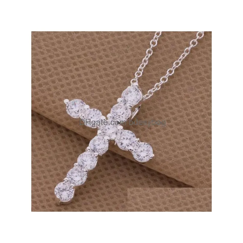 silver color pendants necklace jewelry women wedding fashion cross cz crystal zircon stone pendant necklace christmas gift n296
