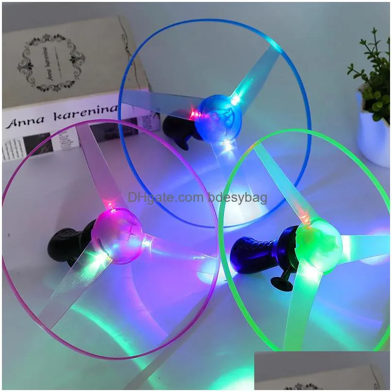 funny spinning flyer luminous flying ufo led light handle flash flying toys for kids outdoor game color random