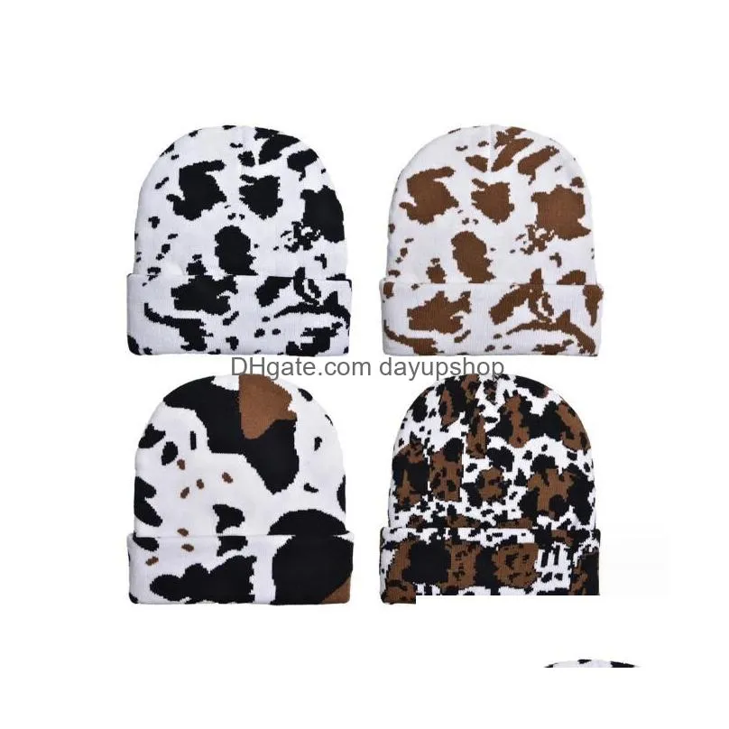 18 Colors Autumn Winter Leopard Print Beanie Men Women Warm Knitted Hat Student Cute Zebra Cow Cap Drop Delivery Dhmac