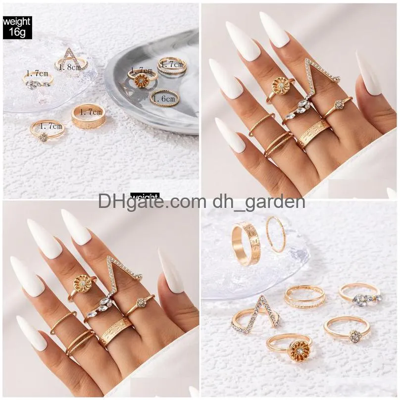 Cluster Rings Ins Trendy Flowers Bow-Knot Joint Ring Sets Hollow Geometry Alloy Metal Rhinestone Adjustable Jewelry Drop Del Dhgarden Dh0Mk