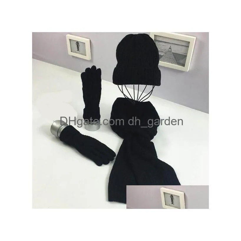 Hats, Scarves & Gloves Sets Winter Women Wooly Thick Knit Hat Scarf Gloves Set Warm Soft Knitted Woollen Drop Delivery Fashi Dhgarden Dhpkz