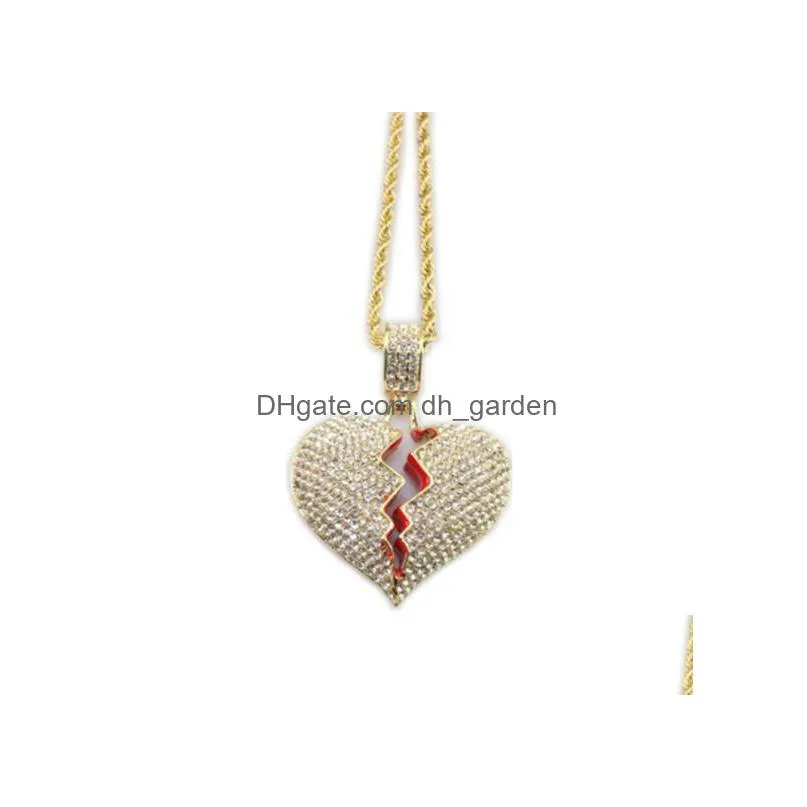 broken heart iced out pendant necklace mens bling crystal rhinestone love charm gold silver twisted chain for women hip hop jewelry