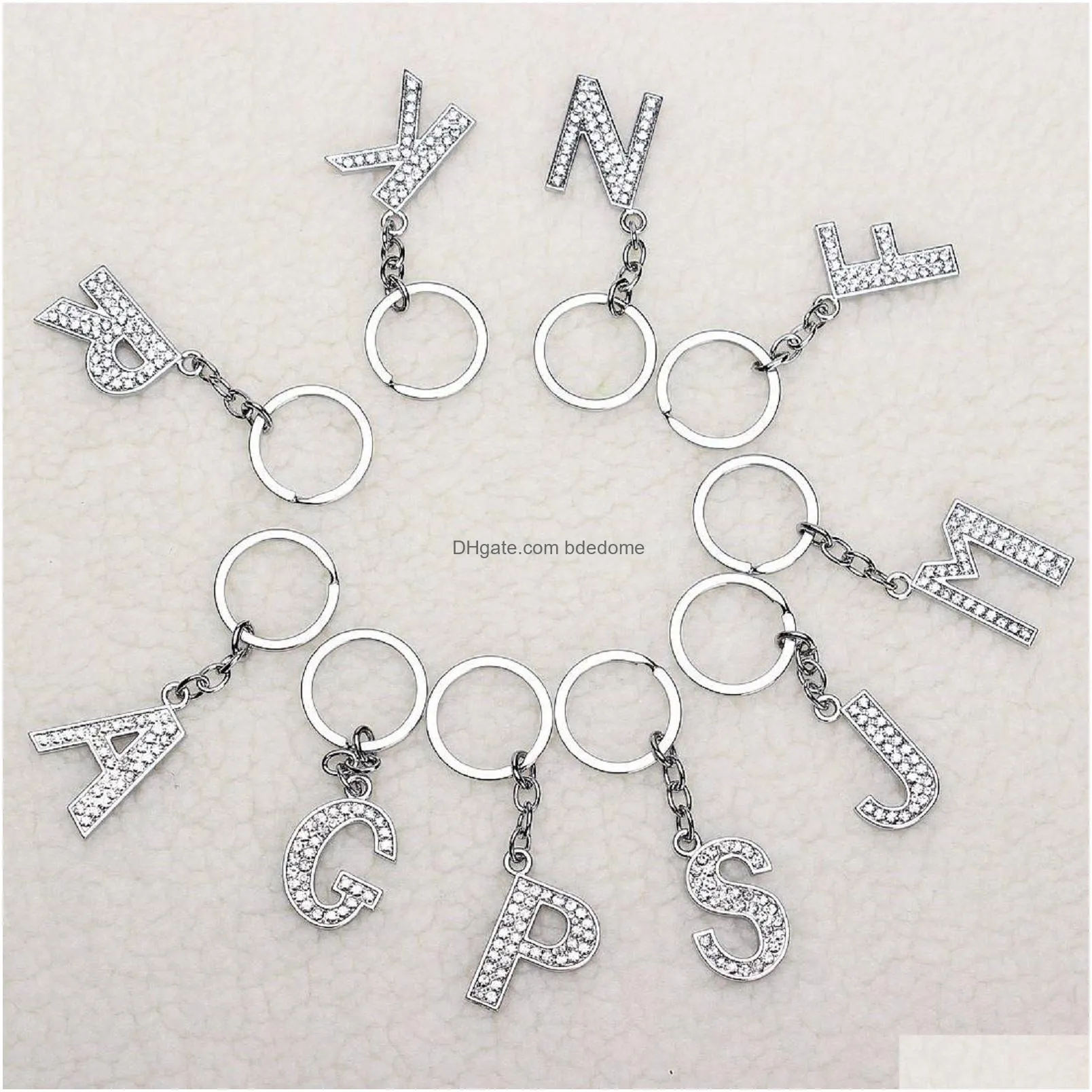 Fashion New Crystal Rhinestone Alphabet Key Ring Metal Initial Letter Chain Uni Keychain 26 Letters Drop Delivery Dhilw