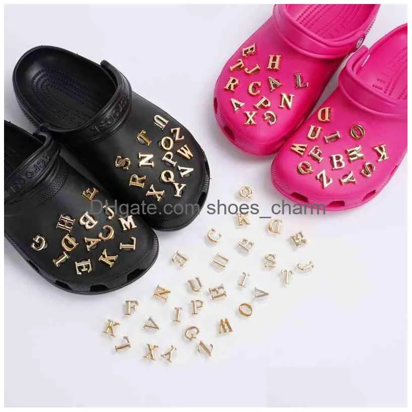 26 piece golden metal english letters charms designer diy shoes decaration for croc jibbi clogs kids boys women girls gifts