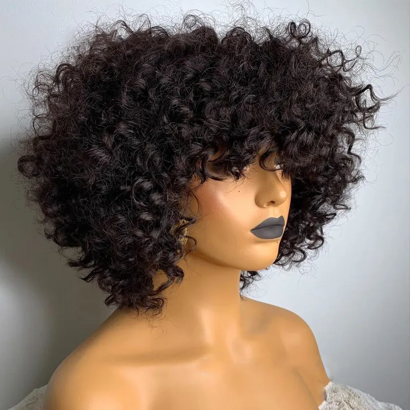 Short Curly Human Hair Bob Wig With Bangs Water Wave Human Hair Wigs For Women Pre Plucked Peruvian Glueless None Synthetic Lace Front Wig