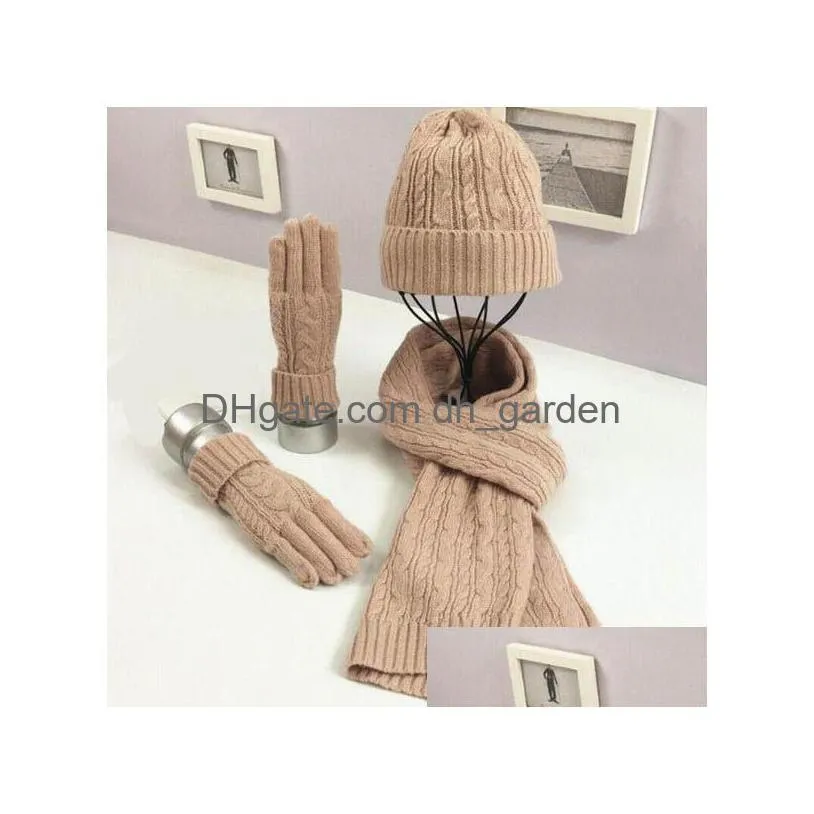 Hats, Scarves & Gloves Sets Winter Women Wooly Thick Knit Hat Scarf Gloves Set Warm Soft Knitted Woollen Drop Delivery Fashi Dhgarden Dhpkz