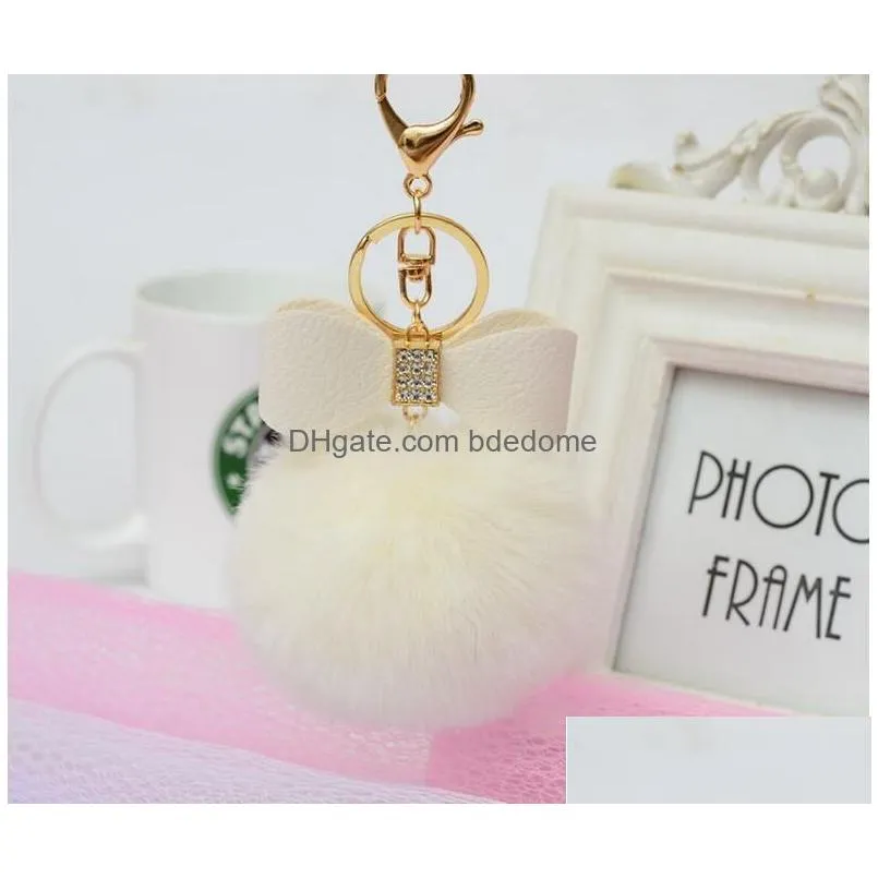 Rex Rabbit Hair Ball Key Ring With Diamond Pu Bow-Knot 16 Color Choose Alloy Fashion Bags Keychains Drop Delivery Dhdaq