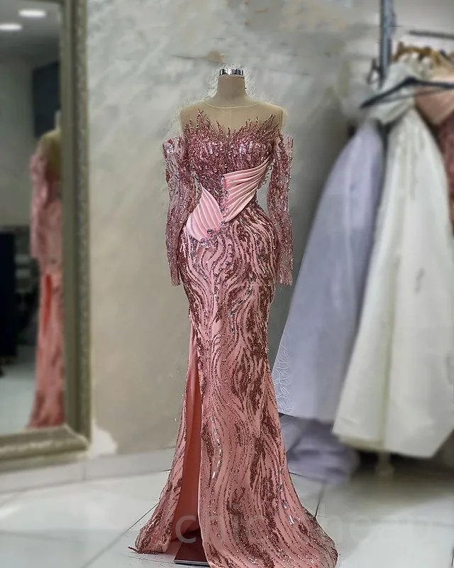 2023 April Aso Ebi Pink Mermaid Prom Dress Crystals Sequined Lace Evening Formal Party Second Reception Birthday Engagement Gowns Dresses Robe De Soiree ZJ403