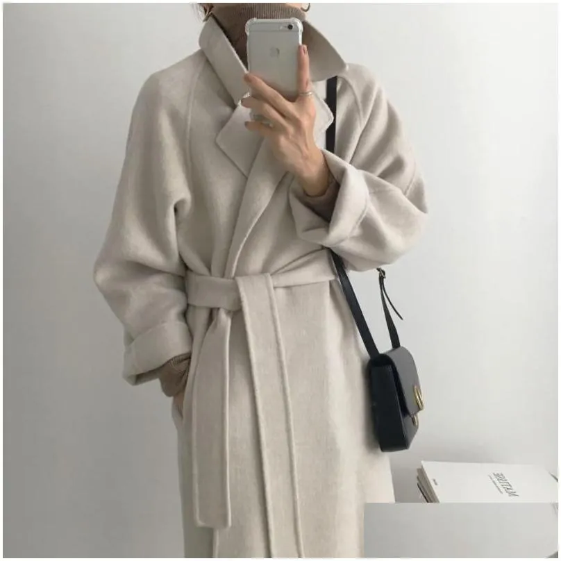 women elegant long wool coat with belt solid color sleeve chic outerwear autumn winter ladies overcoat