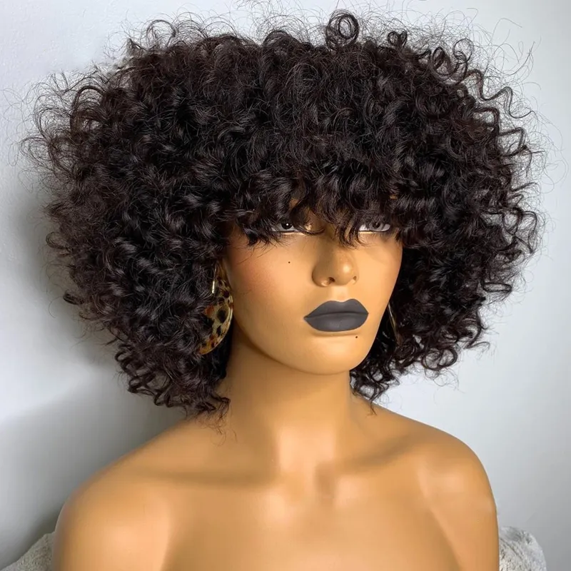 Short Curly Human Hair Bob Wig With Bangs Water Wave Human Hair Wigs For Women Pre Plucked Peruvian Glueless None Synthetic Lace Front Wig