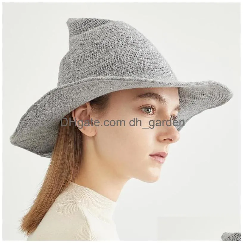 Wide Brim Hats New Fashion Knitting Autumn Winter Bucket Hats Halloween Witch Hat Women Wool Knit Gifts Funny Pointed Fisher Dhgarden Dhi5U