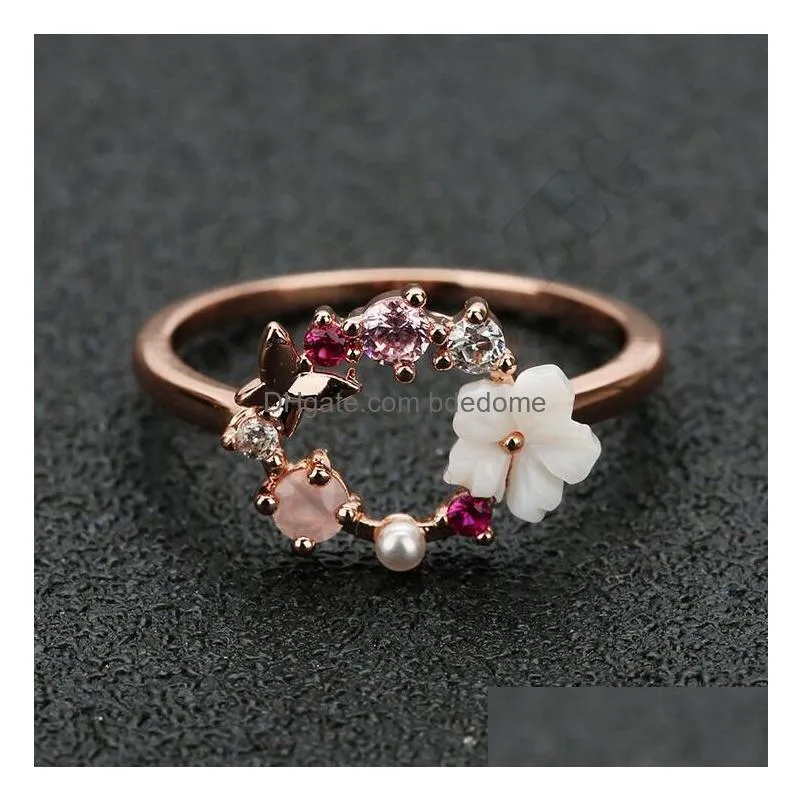 Fashion Creative Butterfly Flowers Crystal Finger Wedding Rings For Women Rose Gold Zircon Glamour Ring Jewelry Girl Gift Drop Deliver Dh2Db
