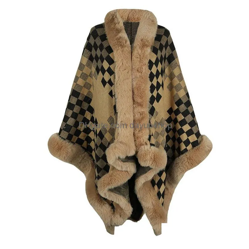 5 Colors Womens Fur Collar Cape Thickened Warm Plaid Cloak Autumn/Winter Plush Hem Knit Drop Delivery Dhe1D