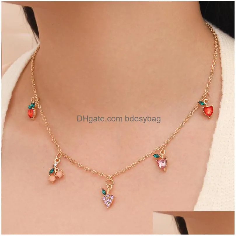 sweet pendants women fashion crystal  cherry grape fruits necklace exquisite gold chain necklace jewelry gifts