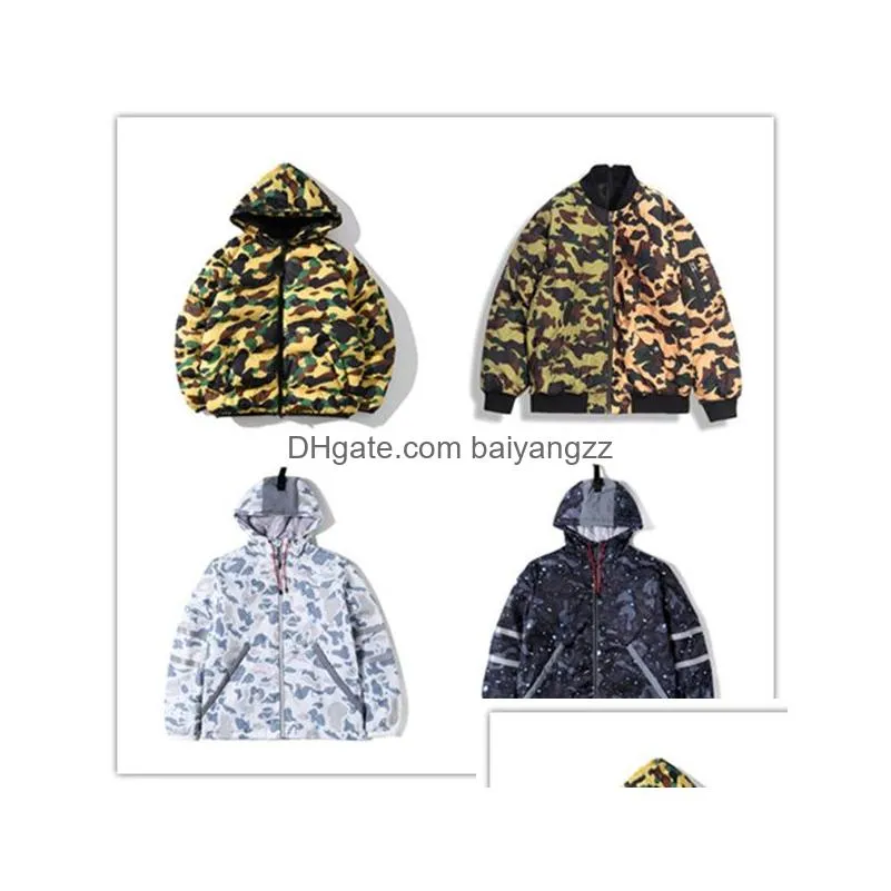 fashion winter down puffer coat womens down jacket thickened downs coats camouflage shark printing mouth hip hop full zip keep warm casual