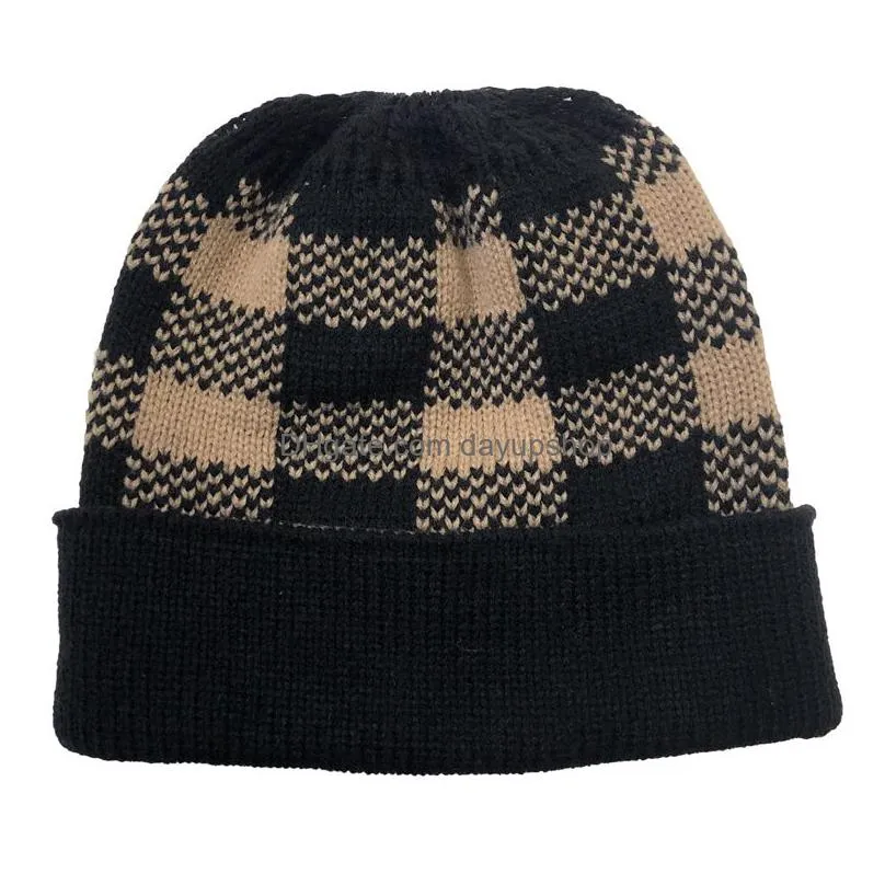 4 Colors Autumn/Winter Warm Curled-Edged Plaid Woolen Hat Christmas Ponytail Knitted Womens Casual Drop Delivery Dhvtk
