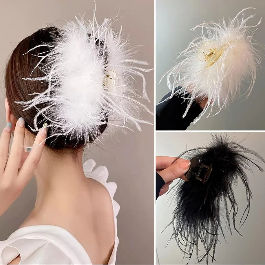 Newest Elegant Feather Hair Clips Ladies White Black Sweet Feather Shark Hair Claw Hairpin Girls Hairs Accessories Party Headwear