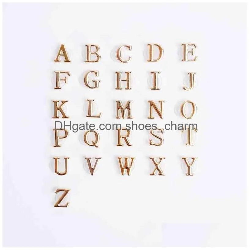 26 piece golden metal english letters charms designer diy shoes decaration for croc jibbi clogs kids boys women girls gifts