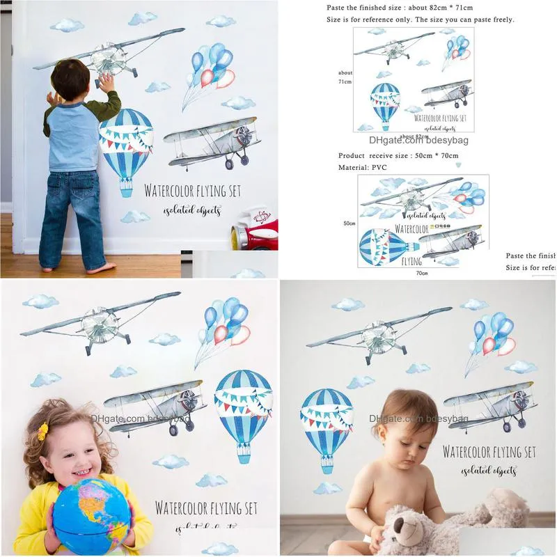 watercolor airplane hot air balloon wall sticker kids baby rooms home decoration pvc mural decals nursery stickers wallpaper