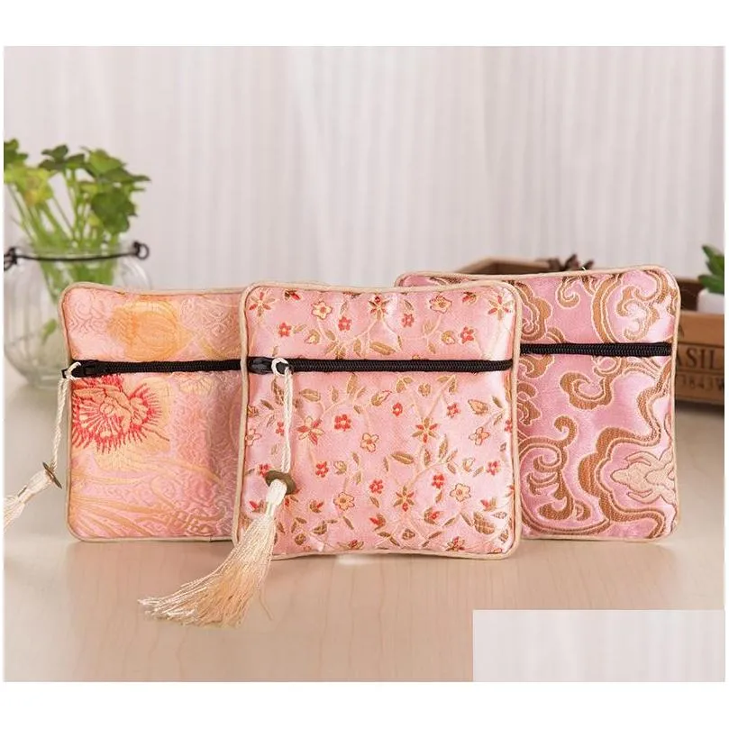 Other Home Garden Chinese Brocade Handmade Silk Bag Embroidery Coin Purses Tassels Zipper Small Jewelry Gift Storage Pouch Party Fa Dhdci