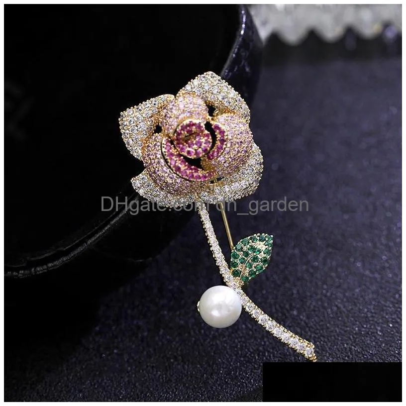 Dangle & Chandelier Esign Rose Flower Brooches Pins Women Fashionable Jewelry 18K Gold Plated Cubic Zirconia Cor Wholesale D Dhgarden Dh0Cn