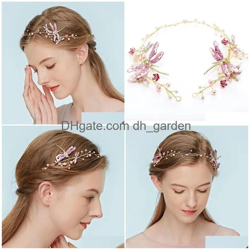Headbands Handmade Pink Dragonfly Headpiece Pearls Wedding Headband Boho Bridal Hair Jewelry For Women Band Drop Delivery Je Dhgarden Dh8Dm