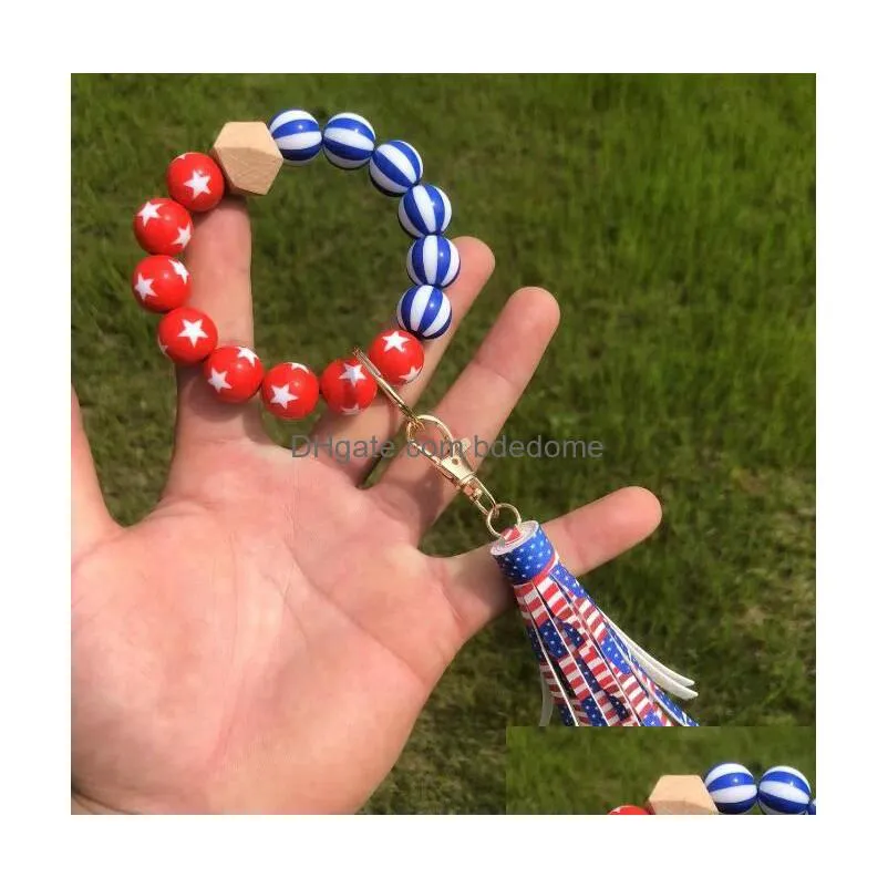 New Styles Wooden Bead Bracelet Keychain American Flag Diy Beaded Tassel Pendant For Independence Day Decorations 10 Colors Drop Deliv Dhxn3