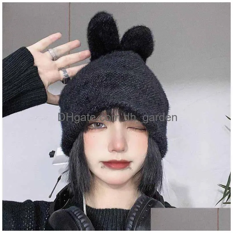 Beanie/Skull Caps Solid Knit Cap Women Cute Lolita Kawaii Fashion Streetwear Korean Japanese Stitch Ear Knitted Hat Winter A Dhgarden Dhdlp