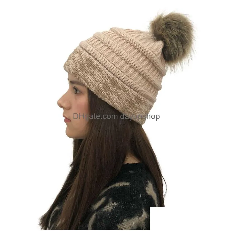 7 Colors Fashion Pattern Color Block Hairball Knitted Hat Warm Wool Elastic Plover Outdoor Winter For Drop Delivery Dhlxl