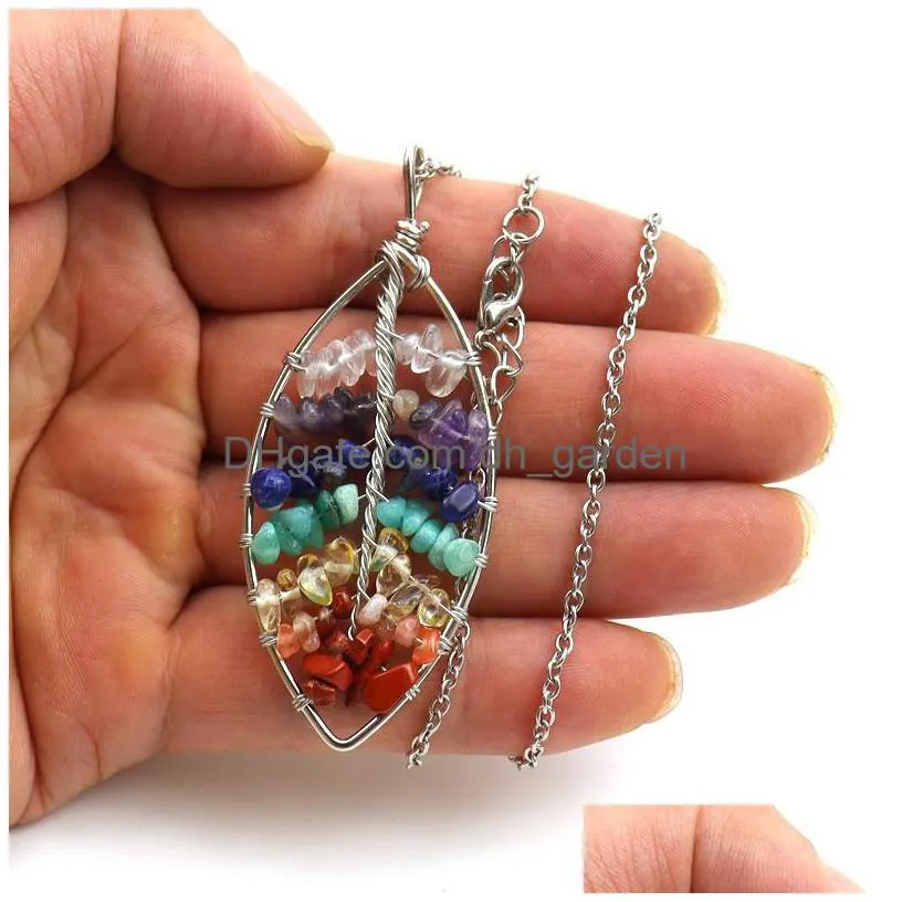 Pendant Necklaces Handmade Crystal Gravel Tree Of Life Leafs Shape Necklace Natural Rock Fortune Healthy Reiki Choker For Lo Dhgarden Dhmbr