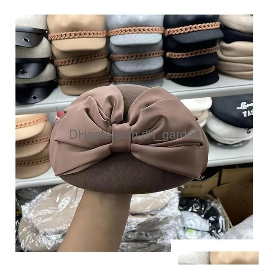 Berets Berets Autumn Winter Bowknot Shaped Mushroom Grace Wool Felt Formal Lady Beret Hat Women Leisure Painter Drop Deliver Dhgarden Dhwjh