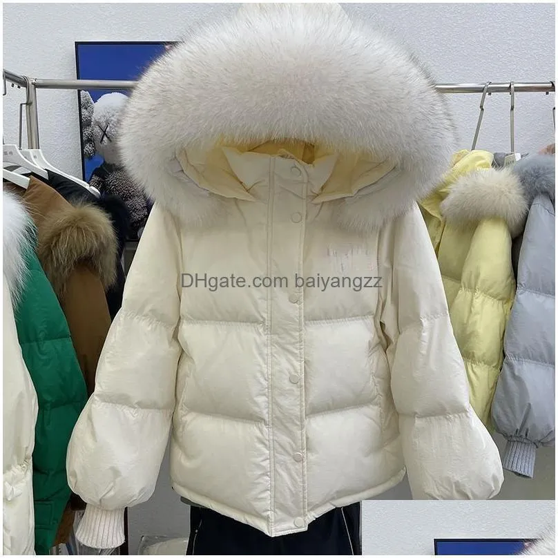 p-ra luxury designer womens down jacket parkas brands fashion lady loose thickened short fox big fur collar white duck down outerwear coats outdoor hooded down