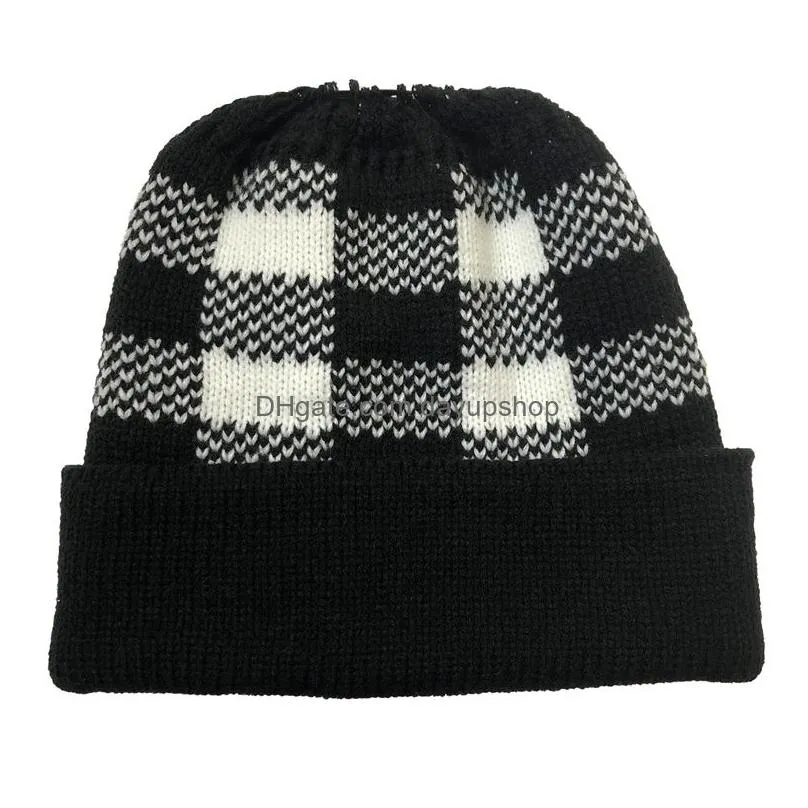 4 Colors Autumn/Winter Warm Curled-Edged Plaid Woolen Hat Christmas Ponytail Knitted Womens Casual Drop Delivery Dhvtk