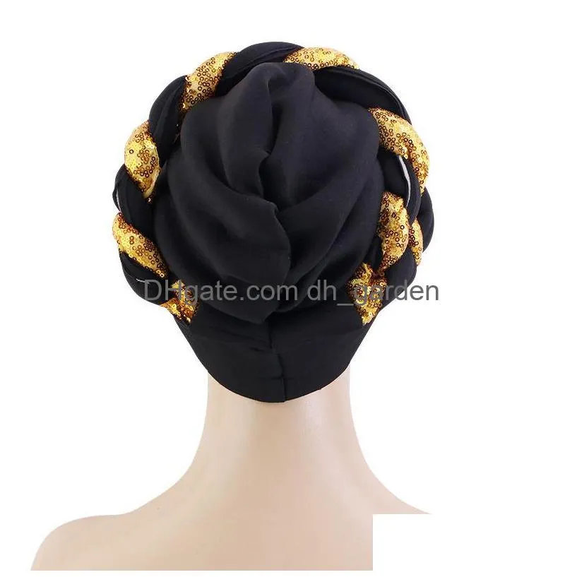 Scarves New African Sequin Braid Turban Geles Aso Okefor Headtie Women Pleated Beanie Headwrap Designer Bonnets Hair Accesso Dhgarden Dhwb9