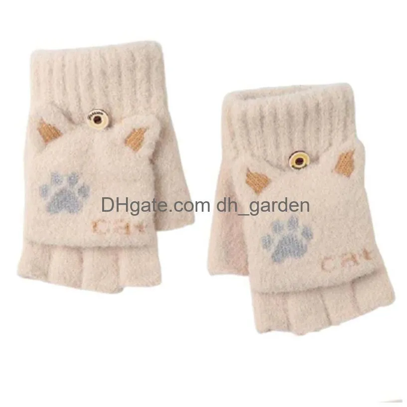 Five Fingers Gloves Five Fingers Gloves Cartoon Cat Winter Knitted Plush Fingerless With Top Drop Delivery Fashion Accessori Dhgarden Dhm4Y