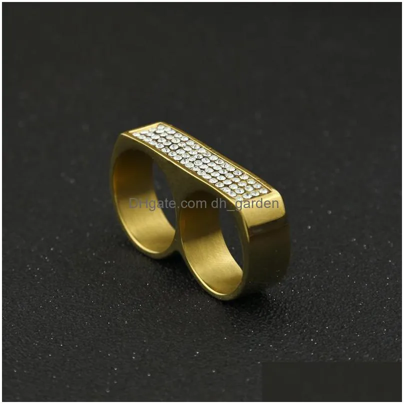 hip hop rhinestone twofinger ring for mens geometric glossy gold plated stainless steel simple rings fashion jewelry